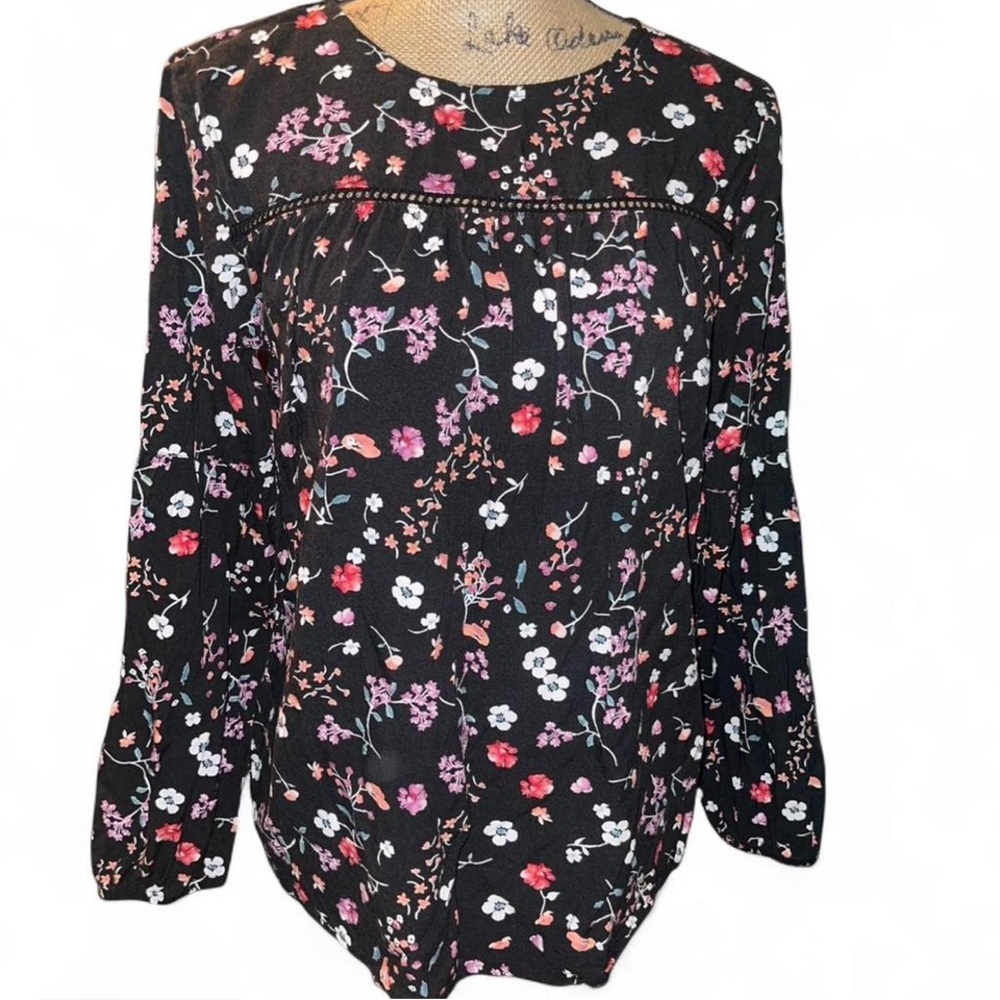 Black Floral Boho Blouse Cottagecore Indie Sleaze Long Sleeve Top M/L